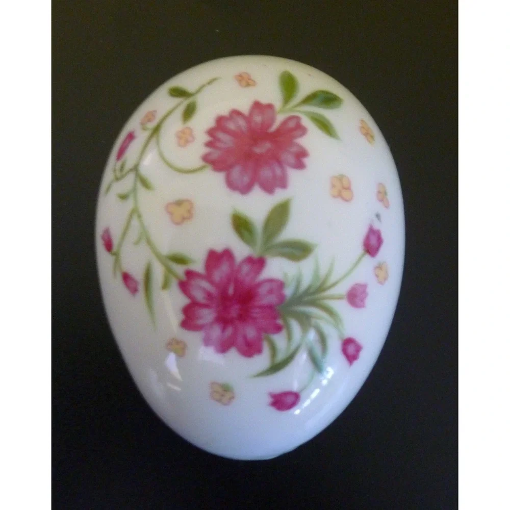 Vintage Lefton China ~ Ceramic Egg Trinket Box ~ Floral Pink Flower Design